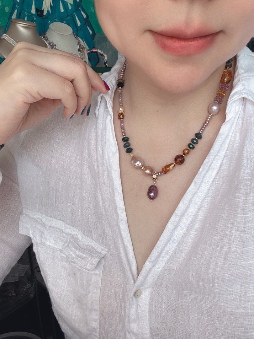 #PN462 Night Elf|Freshwater Pearl Necklace |Big Purple Baroque Pearl |Wrinkled Pearl |Removable Pendant |Jade|Amber|Purple, Yellow Quartz |Lute Pearl