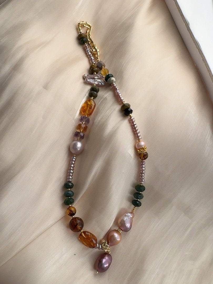#PN462 Night Elf|Freshwater Pearl Necklace |Big Purple Baroque Pearl |Wrinkled Pearl |Removable Pendant |Jade|Amber|Purple, Yellow Quartz |Lute Pearl