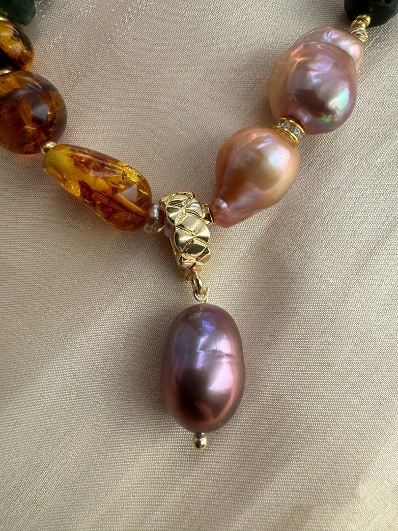 #PN462 Night Elf|Freshwater Pearl Necklace |Big Purple Baroque Pearl |Wrinkled Pearl |Removable Pendant |Jade|Amber|Purple, Yellow Quartz |Lute Pearl