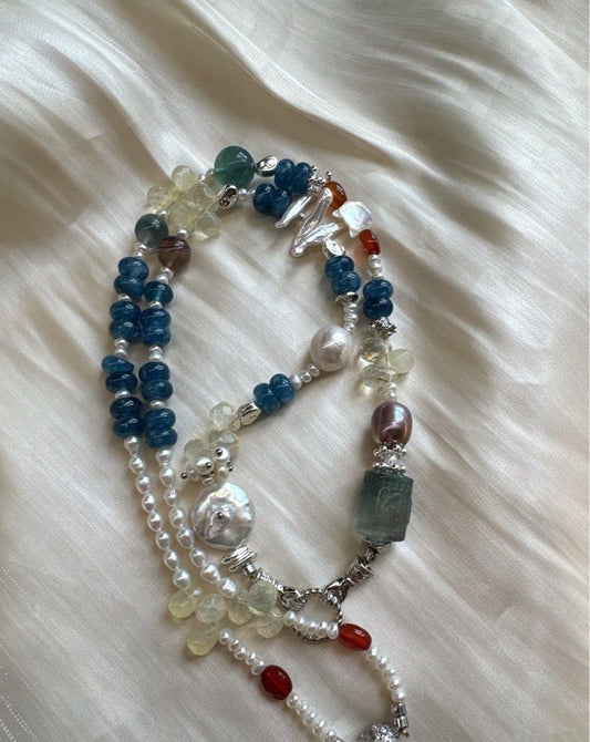 #PN03 [Floral Series] Natural Harmony |Freshwater Pearl Necklace |Long 66cm|Aquamarine Abacus| Fluorite |Opal|Green Strawberry |Baroque Pearl |Kitty MOP
