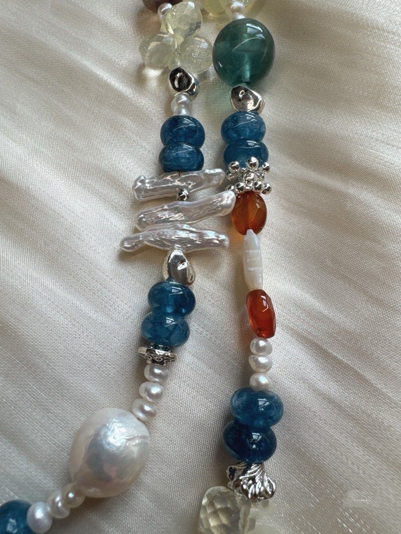 #PN03 [Floral Series] Natural Harmony |Freshwater Pearl Necklace |Long 66cm|Aquamarine Abacus| Fluorite |Opal|Green Strawberry |Baroque Pearl |Kitty MOP