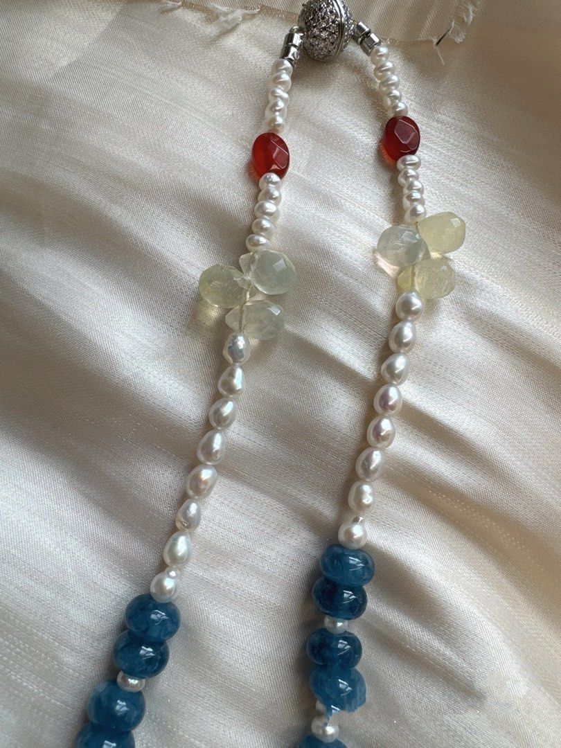#PN03 [Floral Series] Natural Harmony |Freshwater Pearl Necklace |Long 66cm|Aquamarine Abacus| Fluorite |Opal|Green Strawberry |Baroque Pearl |Kitty MOP