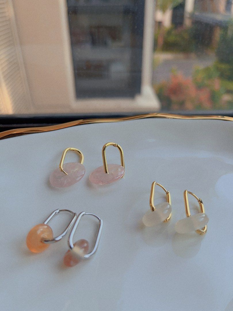 Peace Buckle Hook Earrings |Rose Quartz |Peach Agate|White Agate