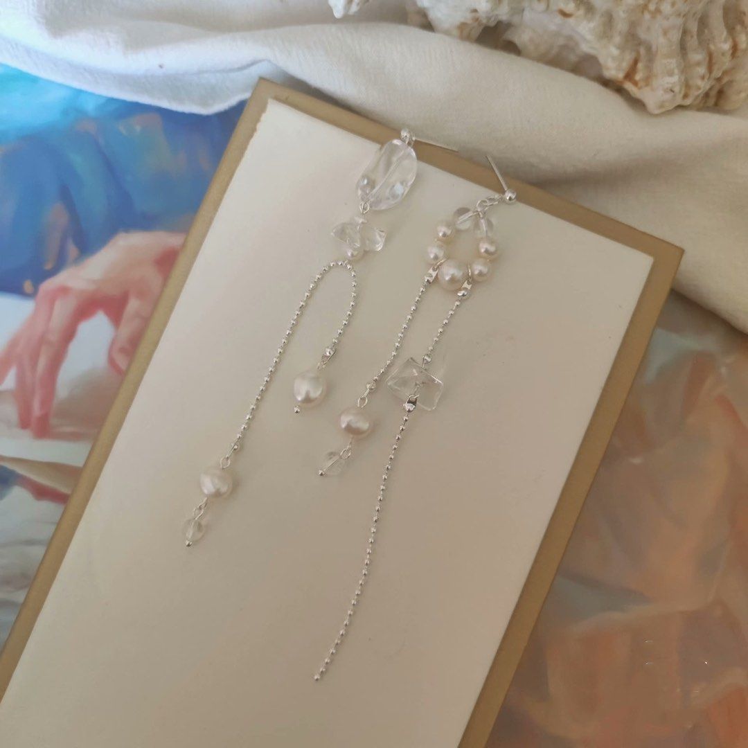 Pearl on Chain | Freshwater Pearl Earrings | Flower Design| Dangling Chains| Original Design | Handmade