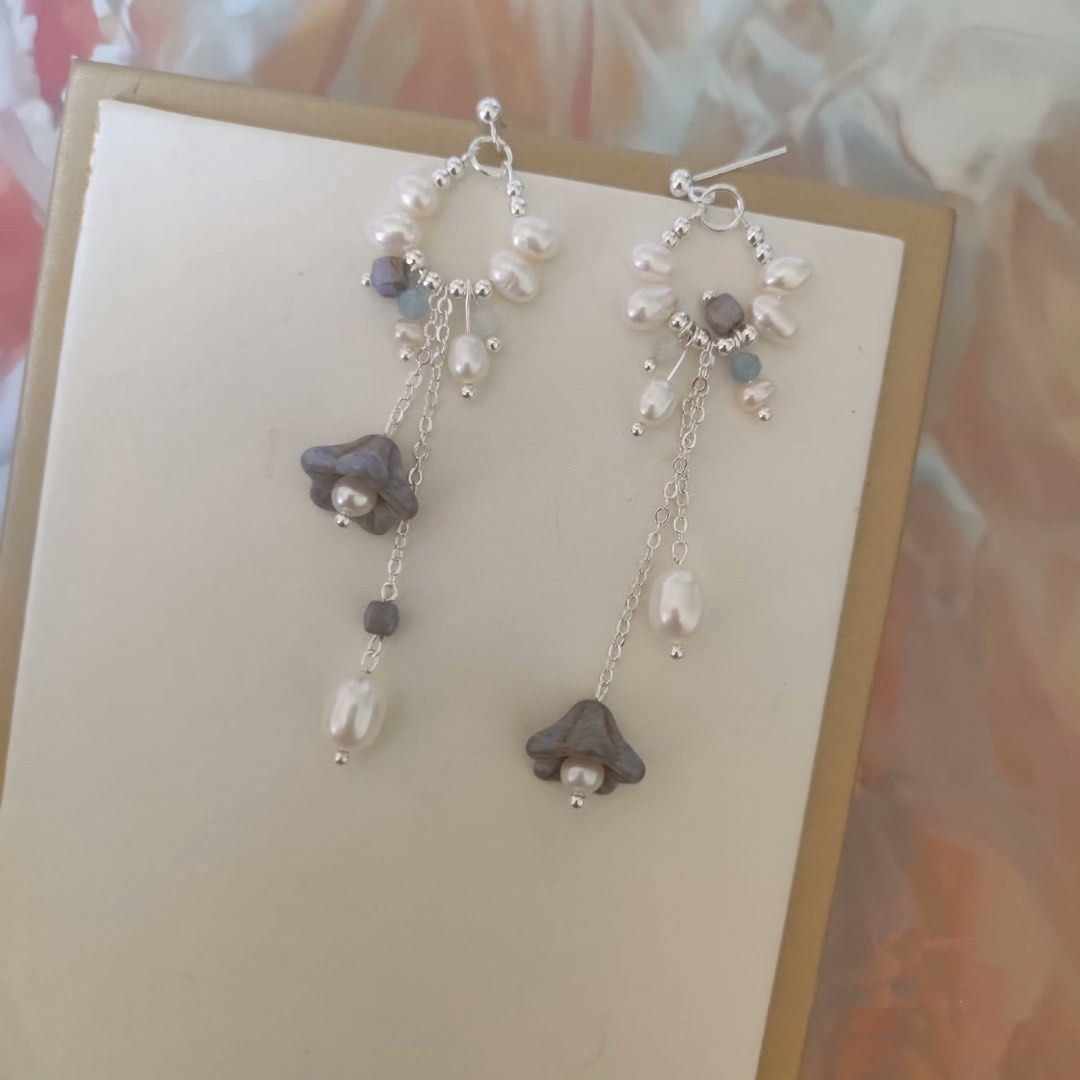 Pearl on Chain | Freshwater Pearl Earrings | Flower Design| Dangling Chains| Original Design | Handmade