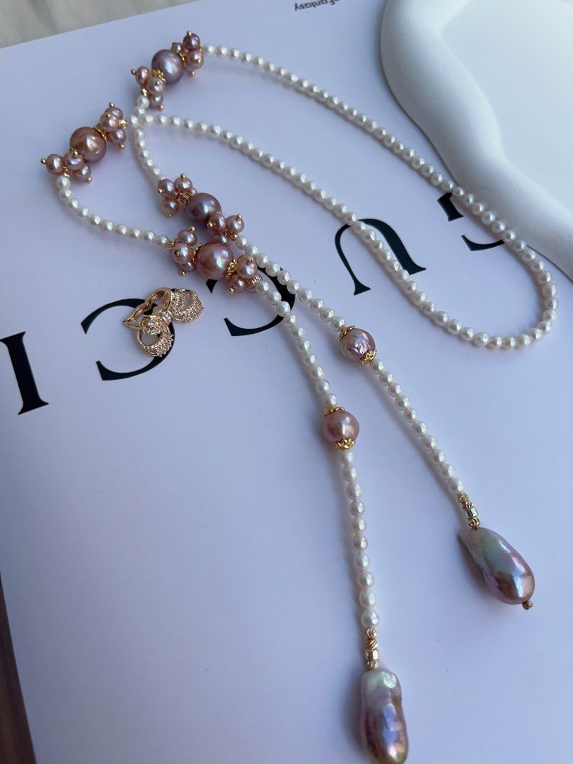 #PN1000 [Floral Series] Freshwater Pearl Necklace | 79cm Long| Sweater Necklace | Fishtail Baroque | Avocado Lustre | Different Wearing | Baby Pearl | Chic, Captivating | Ribbon 🎀 Clasp