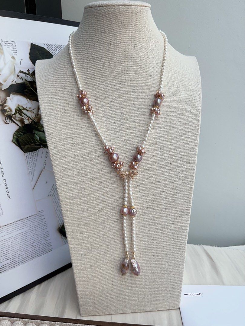 #PN1000 [Floral Series] Freshwater Pearl Necklace | 79cm Long| Sweater Necklace | Fishtail Baroque | Avocado Lustre | Different Wearing | Baby Pearl | Chic, Captivating | Ribbon 🎀 Clasp