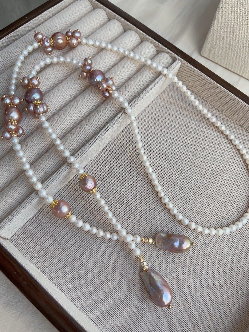 #PN1000 [Floral Series] Freshwater Pearl Necklace | 79cm Long| Sweater Necklace | Fishtail Baroque | Avocado Lustre | Different Wearing | Baby Pearl | Chic, Captivating | Ribbon 🎀 Clasp