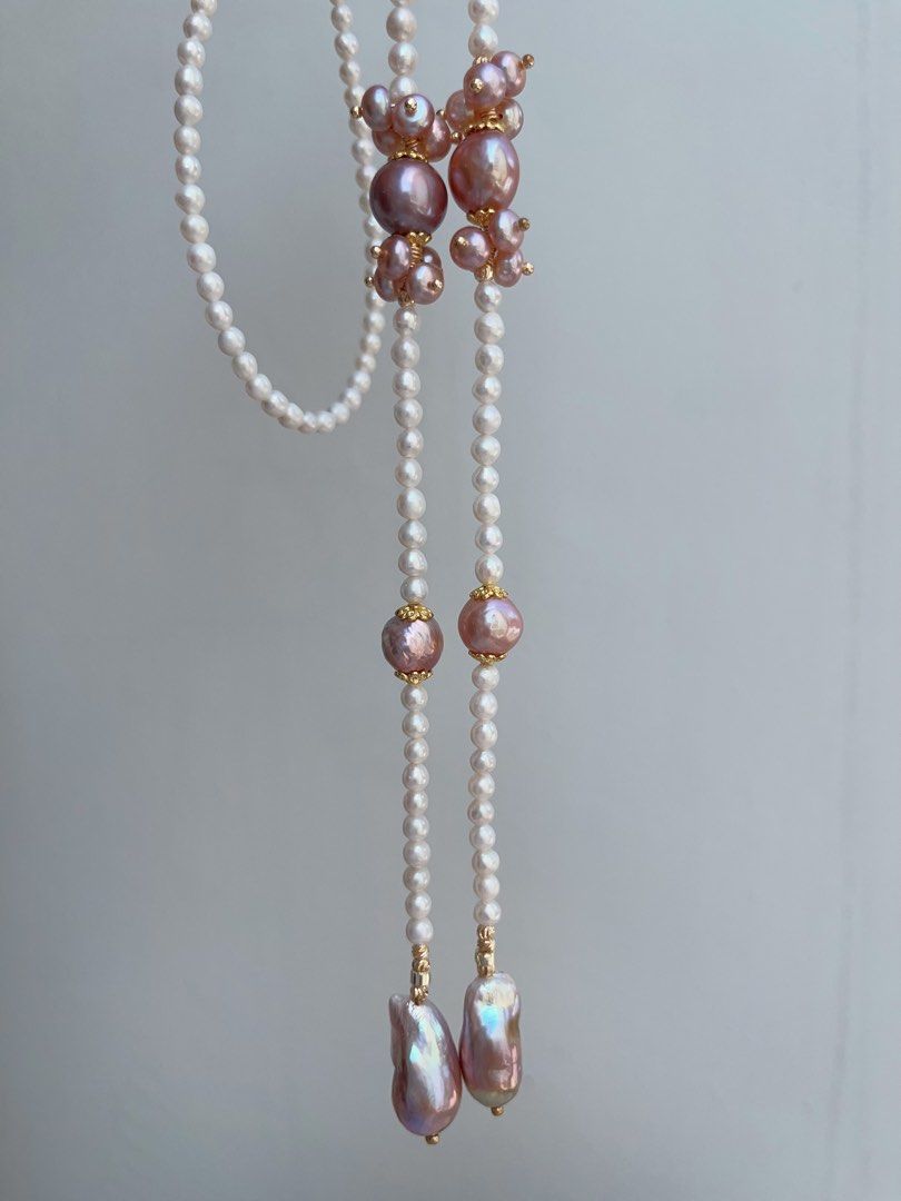 #PN1000 [Floral Series] Freshwater Pearl Necklace | 79cm Long| Sweater Necklace | Fishtail Baroque | Avocado Lustre | Different Wearing | Baby Pearl | Chic, Captivating | Ribbon 🎀 Clasp