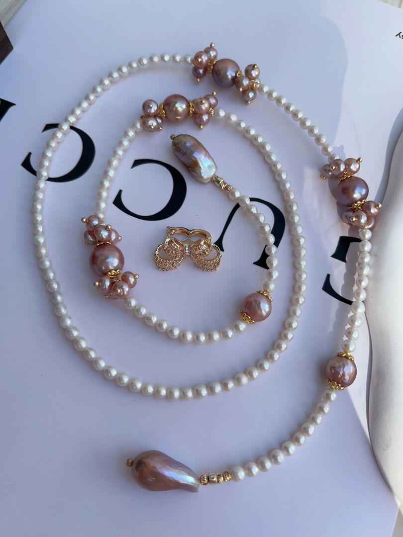 #PN1000 [Floral Series] Freshwater Pearl Necklace | 79cm Long| Sweater Necklace | Fishtail Baroque | Avocado Lustre | Different Wearing | Baby Pearl | Chic, Captivating | Ribbon 🎀 Clasp