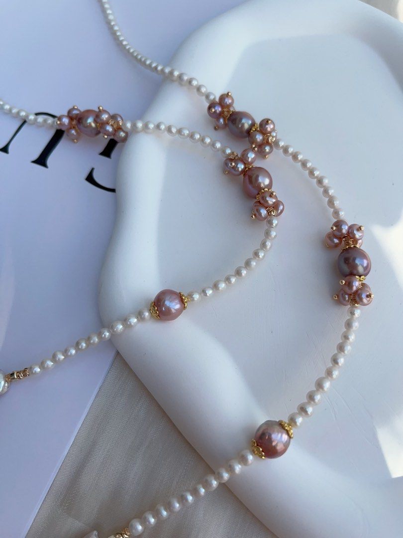 #PN1000 [Floral Series] Freshwater Pearl Necklace | 79cm Long| Sweater Necklace | Fishtail Baroque | Avocado Lustre | Different Wearing | Baby Pearl | Chic, Captivating | Ribbon 🎀 Clasp