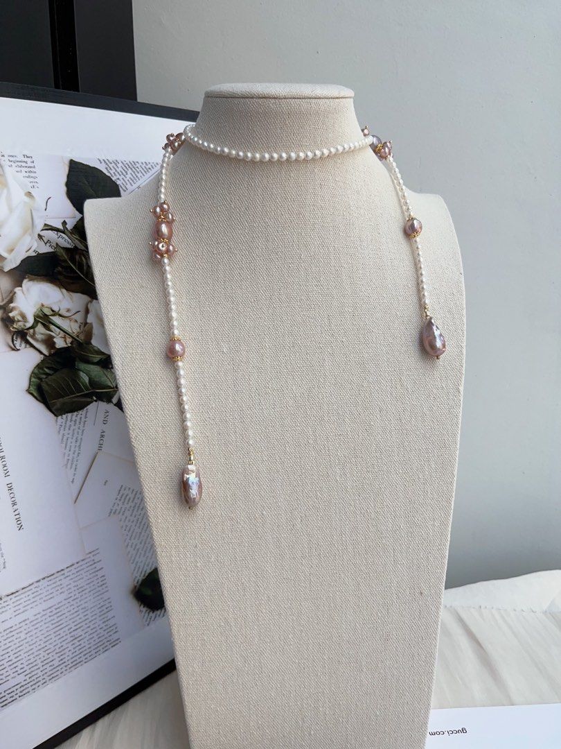 #PN1000 [Floral Series] Freshwater Pearl Necklace | 79cm Long| Sweater Necklace | Fishtail Baroque | Avocado Lustre | Different Wearing | Baby Pearl | Chic, Captivating | Ribbon 🎀 Clasp