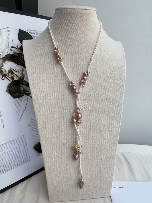 #PN1000 [Floral Series] Freshwater Pearl Necklace | 79cm Long| Sweater Necklace | Fishtail Baroque | Avocado Lustre | Different Wearing | Baby Pearl | Chic, Captivating | Ribbon 🎀 Clasp