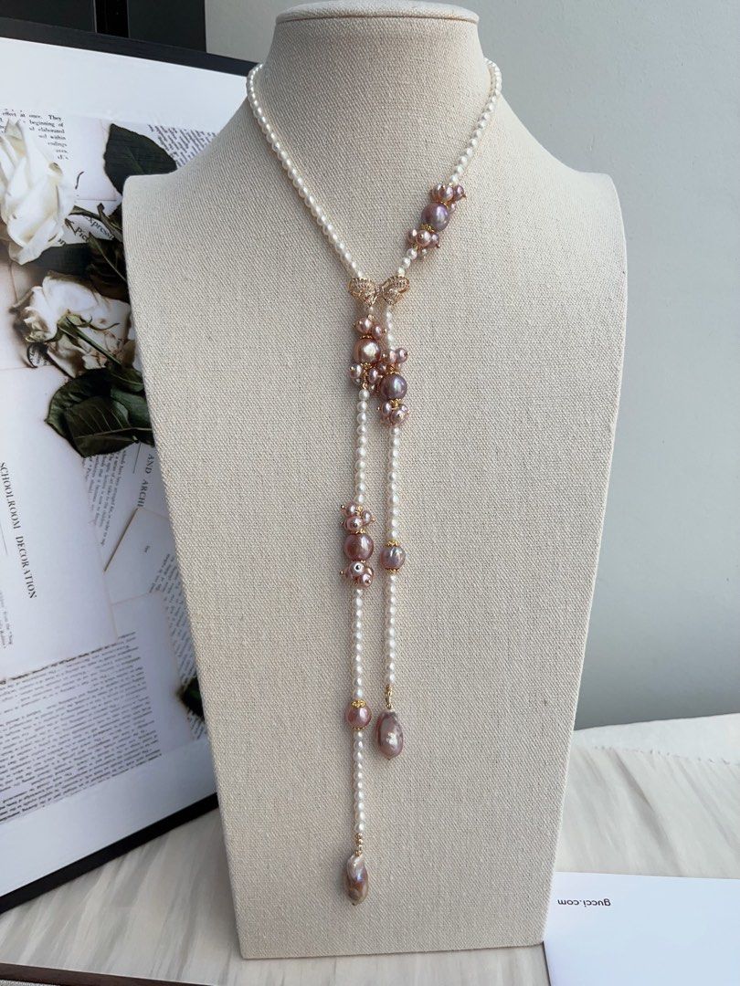 #PN1000 [Floral Series] Freshwater Pearl Necklace | 79cm Long| Sweater Necklace | Fishtail Baroque | Avocado Lustre | Different Wearing | Baby Pearl | Chic, Captivating | Ribbon 🎀 Clasp