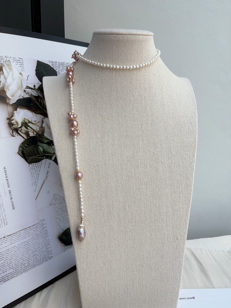 #PN1000 [Floral Series] Freshwater Pearl Necklace | 79cm Long| Sweater Necklace | Fishtail Baroque | Avocado Lustre | Different Wearing | Baby Pearl | Chic, Captivating | Ribbon 🎀 Clasp