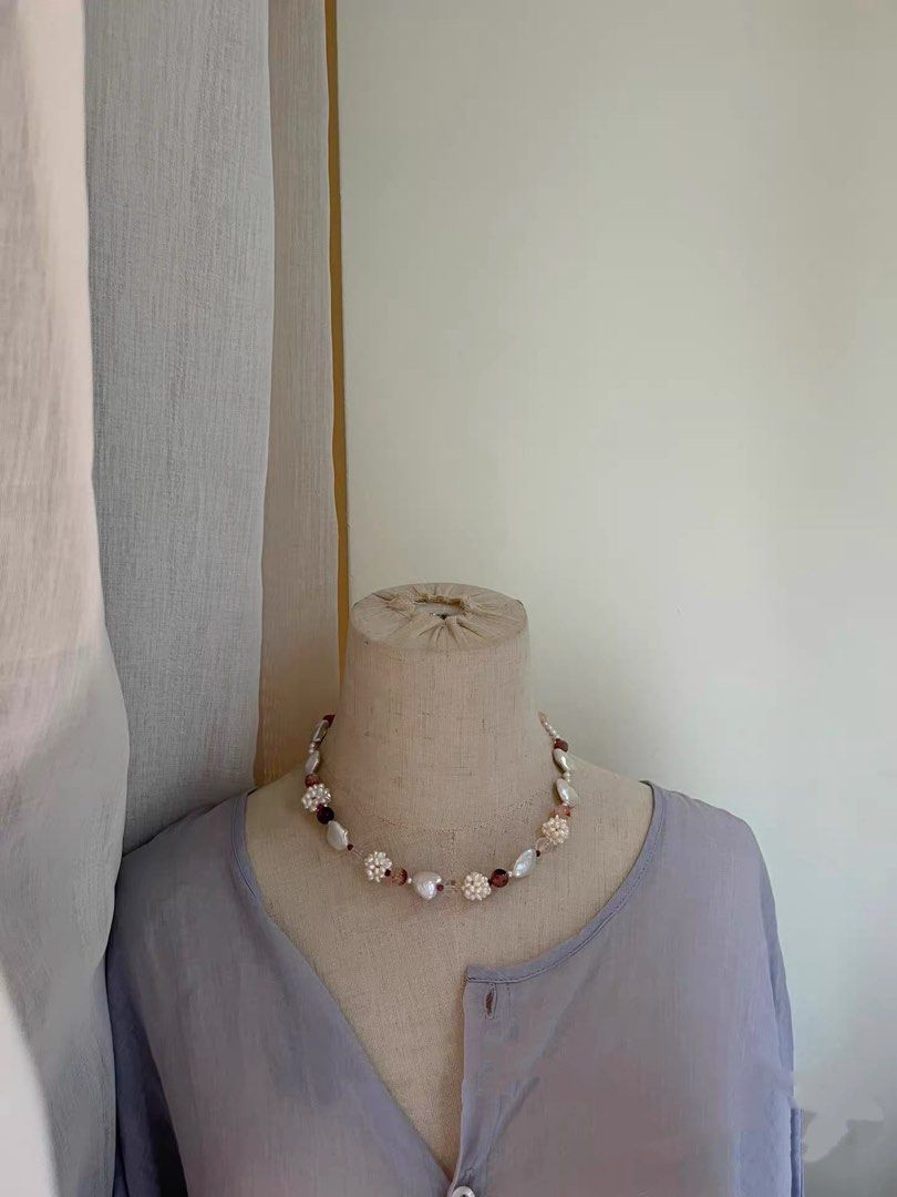 #PN1002 Freshwater Pearl Necklace & Bracelet Set |Sunstone Faceted | Can Connect to Wear| Smooth Heart ❤️ Baroque | Pearl Flower| Fire Quartz | Lustrous | 45cm| For Wedding 💒 Gift