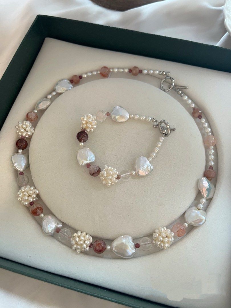 #PN1002 Freshwater Pearl Necklace & Bracelet Set |Sunstone Faceted | Can Connect to Wear| Smooth Heart ❤️ Baroque | Pearl Flower| Fire Quartz | Lustrous | 45cm| For Wedding 💒 Gift