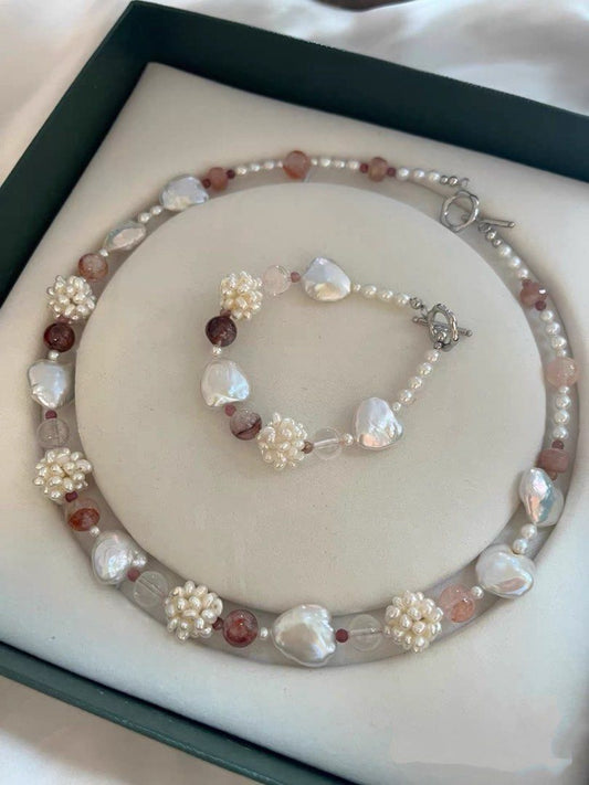 #PN1002 Freshwater Pearl Necklace & Bracelet Set |Sunstone Faceted | Can Connect to Wear| Smooth Heart ❤️ Baroque | Pearl Flower| Fire Quartz | Lustrous | 45cm| For Wedding 💒 Gift