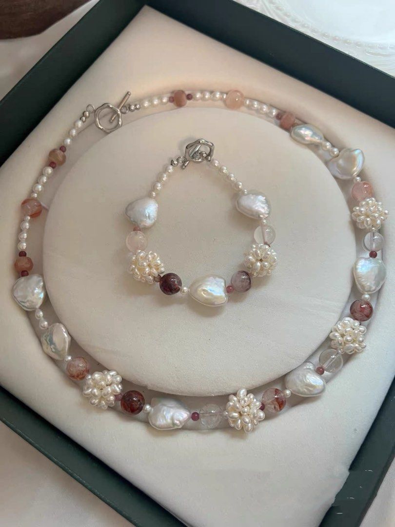 #PN1002 Freshwater Pearl Necklace & Bracelet Set |Sunstone Faceted | Can Connect to Wear| Smooth Heart ❤️ Baroque | Pearl Flower| Fire Quartz | Lustrous | 45cm| For Wedding 💒 Gift