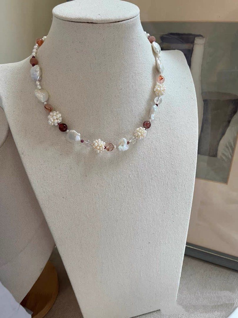 #PN1002 Freshwater Pearl Necklace & Bracelet Set |Sunstone Faceted | Can Connect to Wear| Smooth Heart ❤️ Baroque | Pearl Flower| Fire Quartz | Lustrous | 45cm| For Wedding 💒 Gift