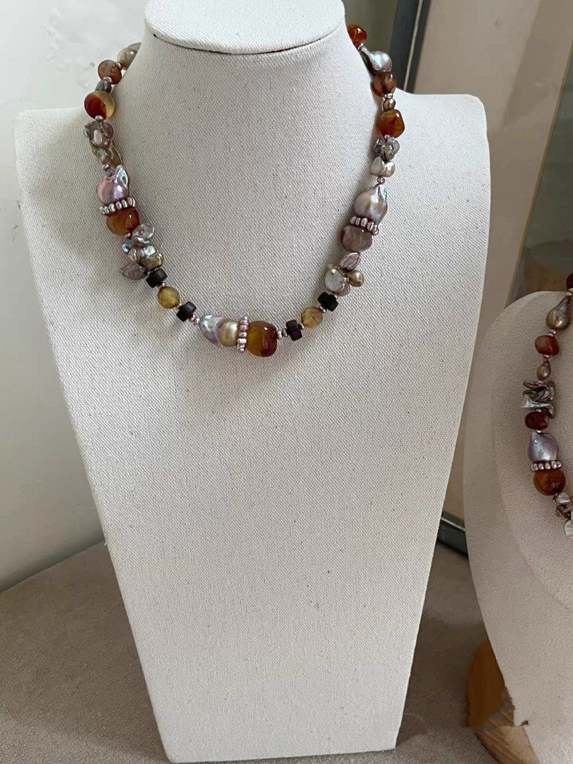 #PN1004 Freshwater Pearl Necklace | Maillard Colour Palette | Old-mine Agate| Pearl Ring| Vintage Golden Fishtail Baroque | Copper Lustre Butterfly Baroque Pearl | Brown Sugar Chocolate