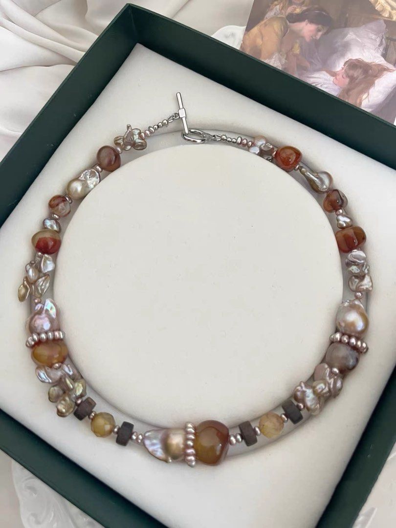 #PN1004 Freshwater Pearl Necklace | Maillard Colour Palette | Old-mine Agate| Pearl Ring| Vintage Golden Fishtail Baroque | Copper Lustre Butterfly Baroque Pearl | Brown Sugar Chocolate