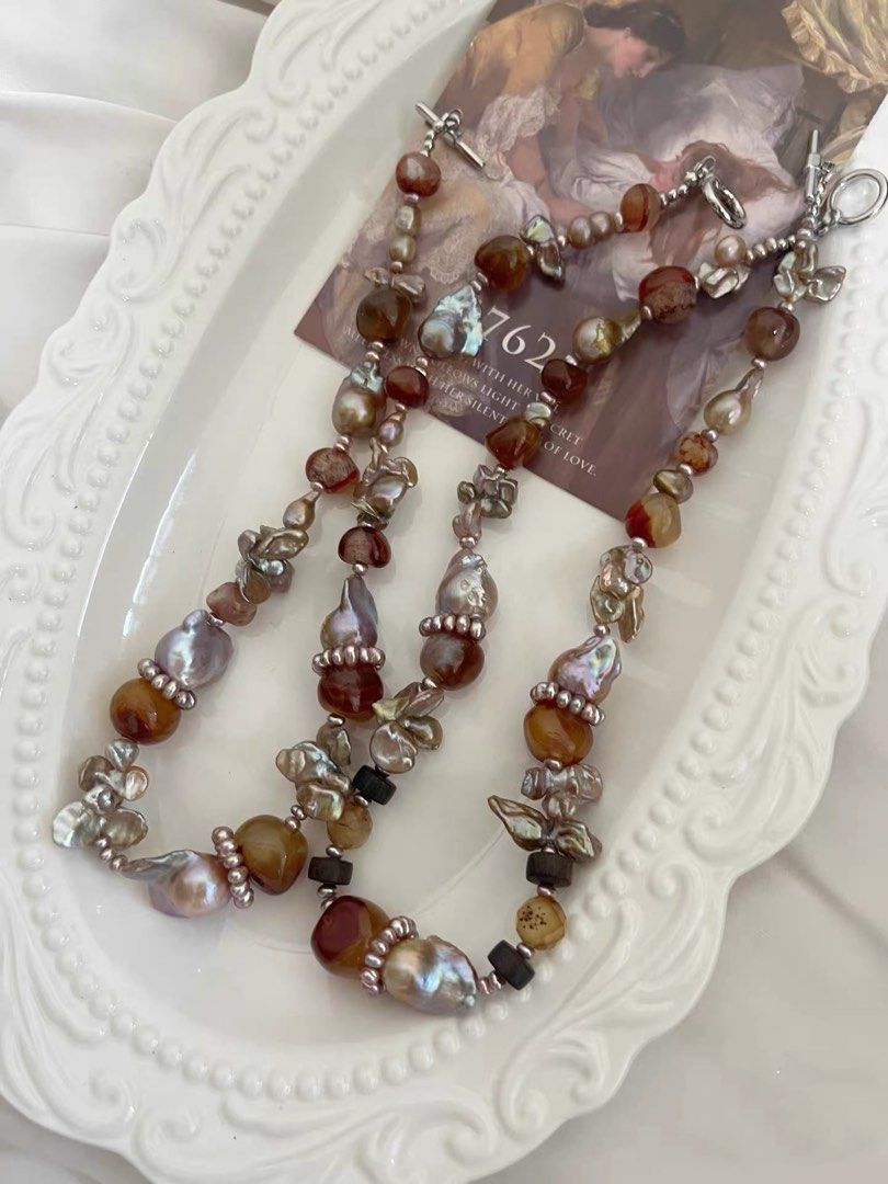 #PN1004 Freshwater Pearl Necklace | Maillard Colour Palette | Old-mine Agate| Pearl Ring| Vintage Golden Fishtail Baroque | Copper Lustre Butterfly Baroque Pearl | Brown Sugar Chocolate