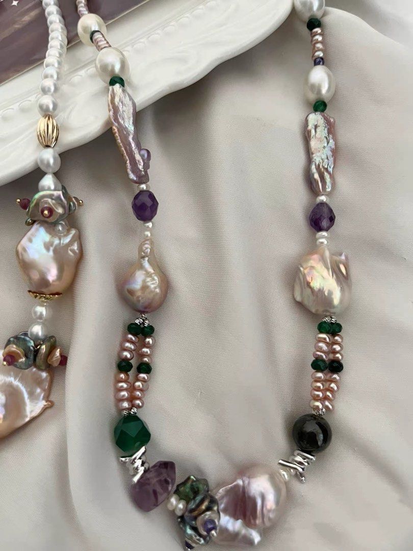 #PN1006 [Floral Series] Freshwater Pearl Necklace | 54cm| Dumpling 🥟 Baroque Pearl | Lute, Oval Baroque | Baby Pearl | Tsavorite | Green Agate Faceted | Amethyst | Petals| Rose Garden