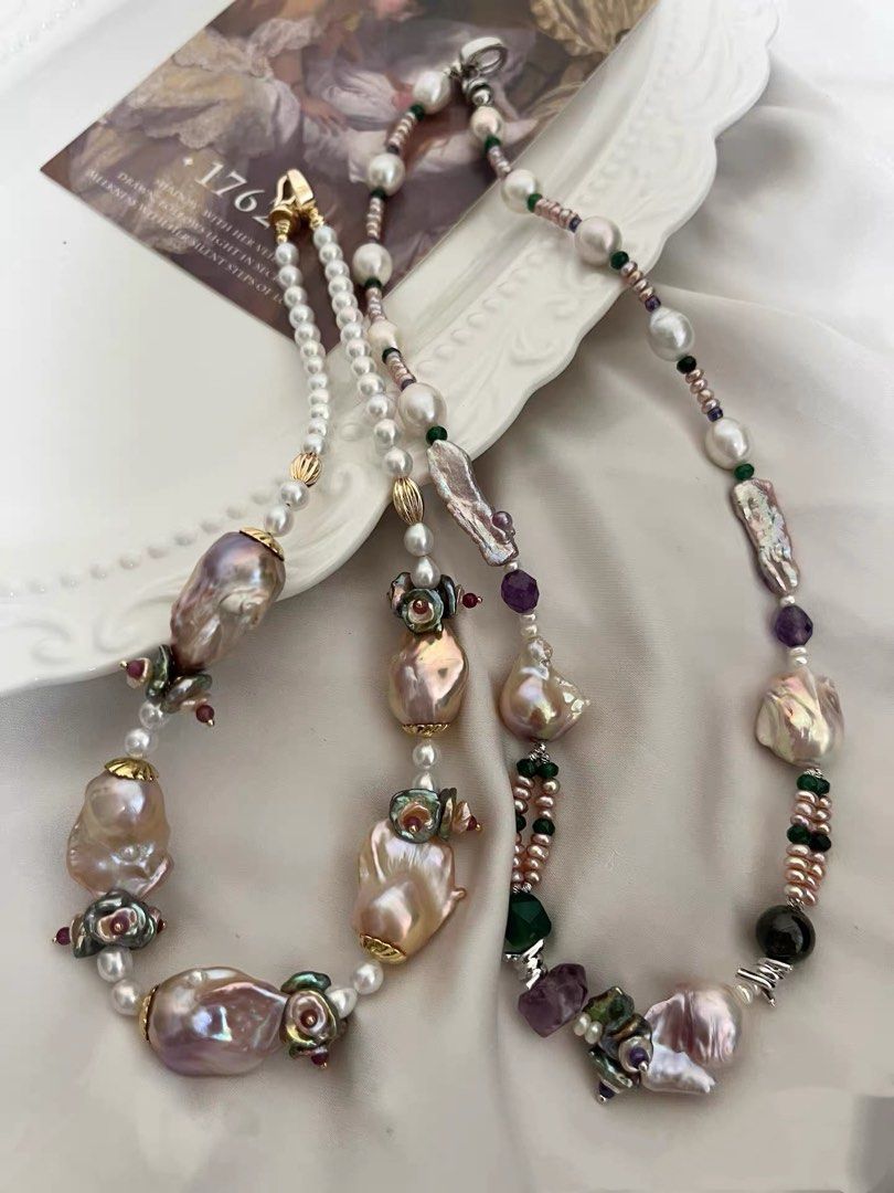 #PN1006 [Floral Series] Freshwater Pearl Necklace | 54cm| Dumpling 🥟 Baroque Pearl | Lute, Oval Baroque | Baby Pearl | Tsavorite | Green Agate Faceted | Amethyst | Petals| Rose Garden