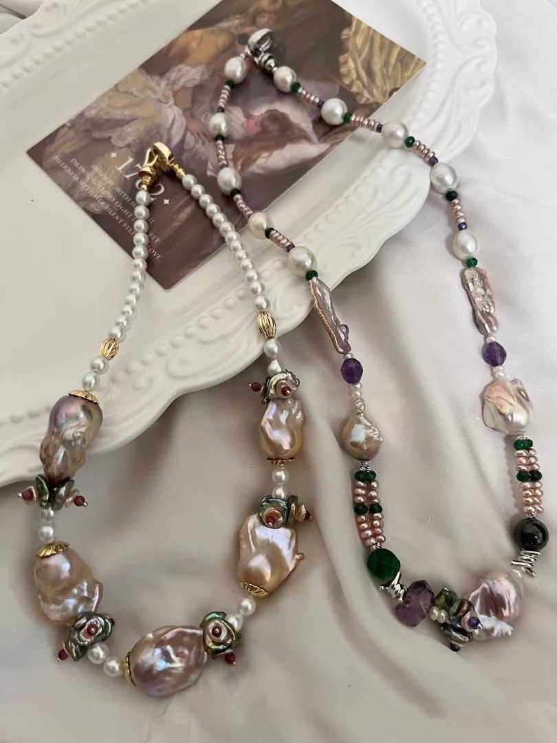 #PN1006 [Floral Series] Freshwater Pearl Necklace | 54cm| Dumpling 🥟 Baroque Pearl | Lute, Oval Baroque | Baby Pearl | Tsavorite | Green Agate Faceted | Amethyst | Petals| Rose Garden
