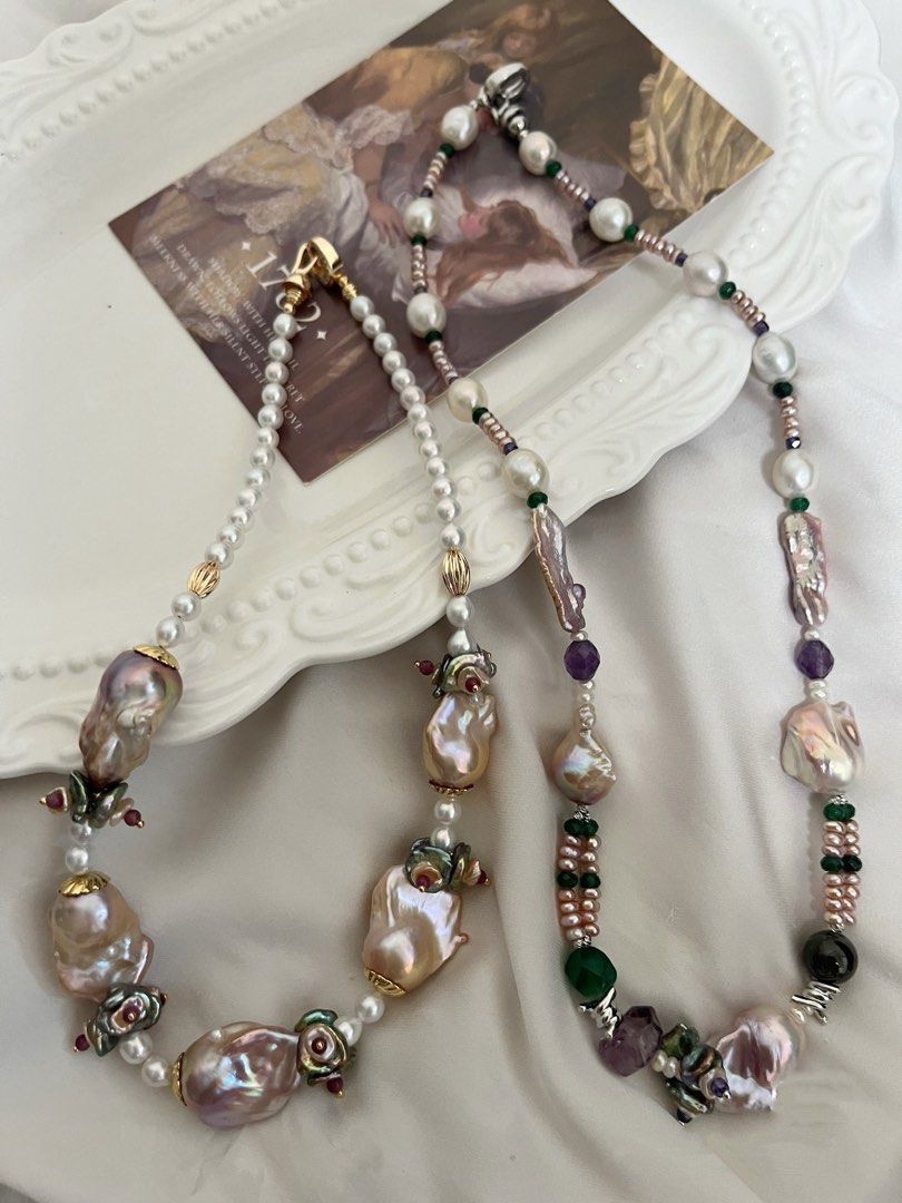 #PN1006 [Floral Series] Freshwater Pearl Necklace | 54cm| Dumpling 🥟 Baroque Pearl | Lute, Oval Baroque | Baby Pearl | Tsavorite | Green Agate Faceted | Amethyst | Petals| Rose Garden