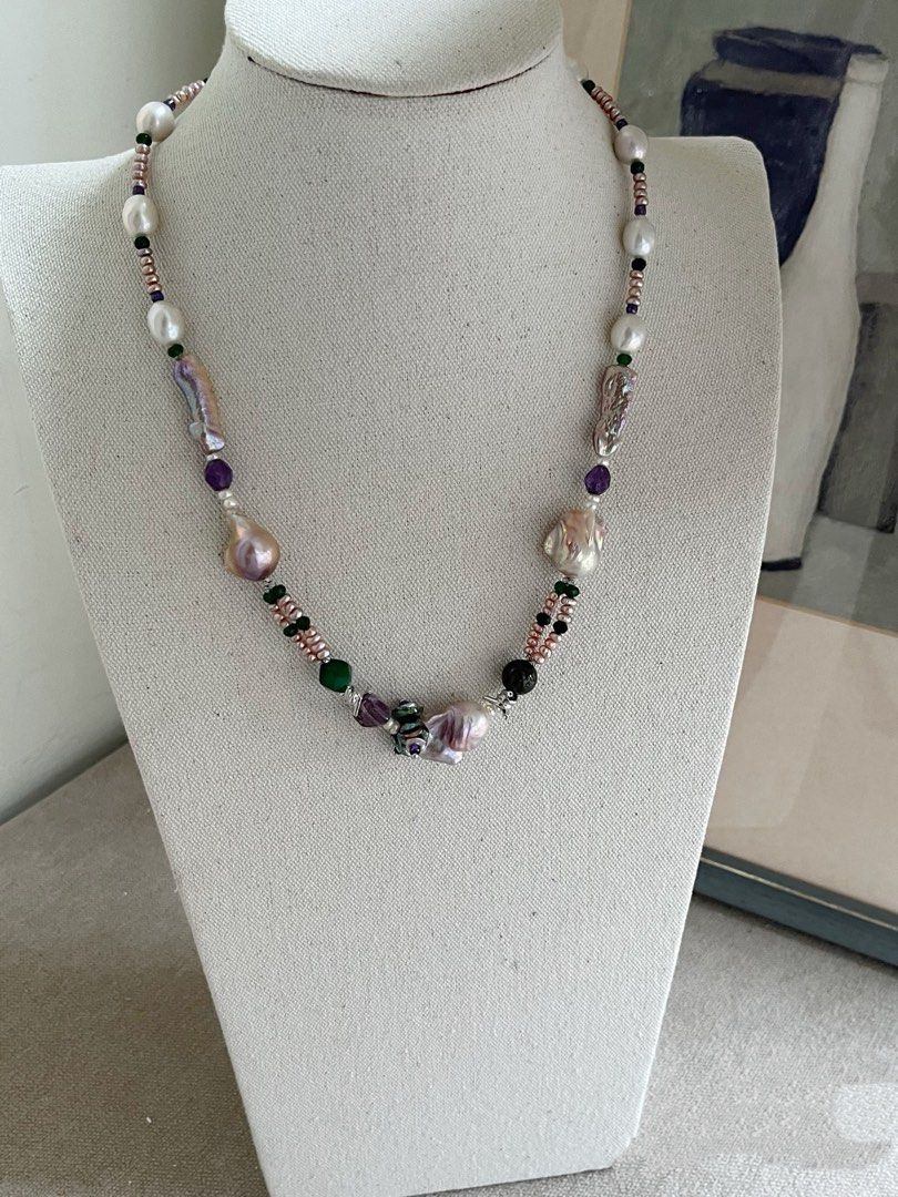 #PN1006 [Floral Series] Freshwater Pearl Necklace | 54cm| Dumpling 🥟 Baroque Pearl | Lute, Oval Baroque | Baby Pearl | Tsavorite | Green Agate Faceted | Amethyst | Petals| Rose Garden