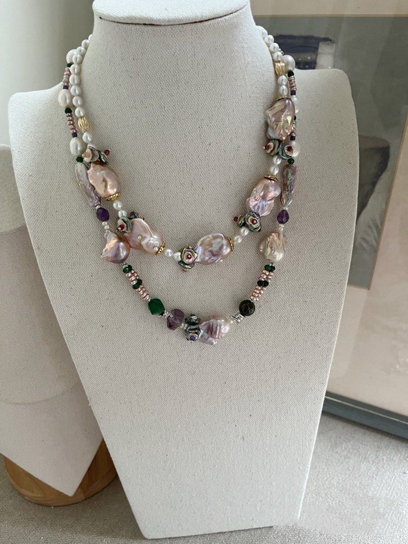 #PN1006 [Floral Series] Freshwater Pearl Necklace | 54cm| Dumpling 🥟 Baroque Pearl | Lute, Oval Baroque | Baby Pearl | Tsavorite | Green Agate Faceted | Amethyst | Petals| Rose Garden