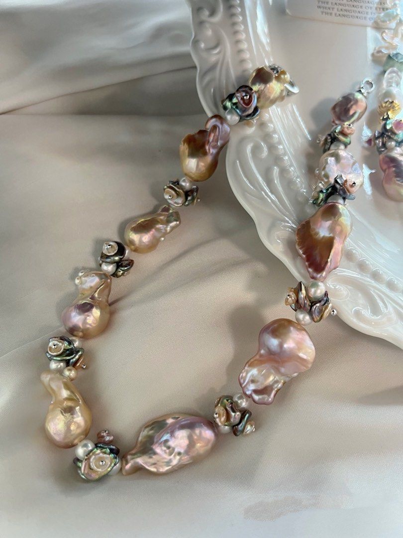 #PN1007 [Floral Series] Freshwater Pearl Necklace & Earrings Set | Big Fishtail Baroque Pearl | Superb Lustre | 2-layer Petals| Rose Garden | Golden Purple | “Waterfall” Dangling Earrings | High Quality | You Deserve the Best