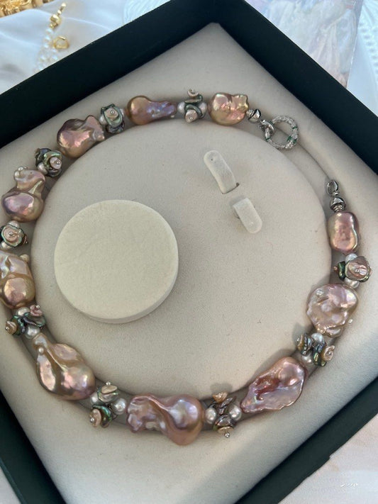 #PN1007 [Floral Series] Freshwater Pearl Necklace & Earrings Set | Big Fishtail Baroque Pearl | Superb Lustre | 2-layer Petals| Rose Garden | Golden Purple | “Waterfall” Dangling Earrings | High Quality | You Deserve the Best