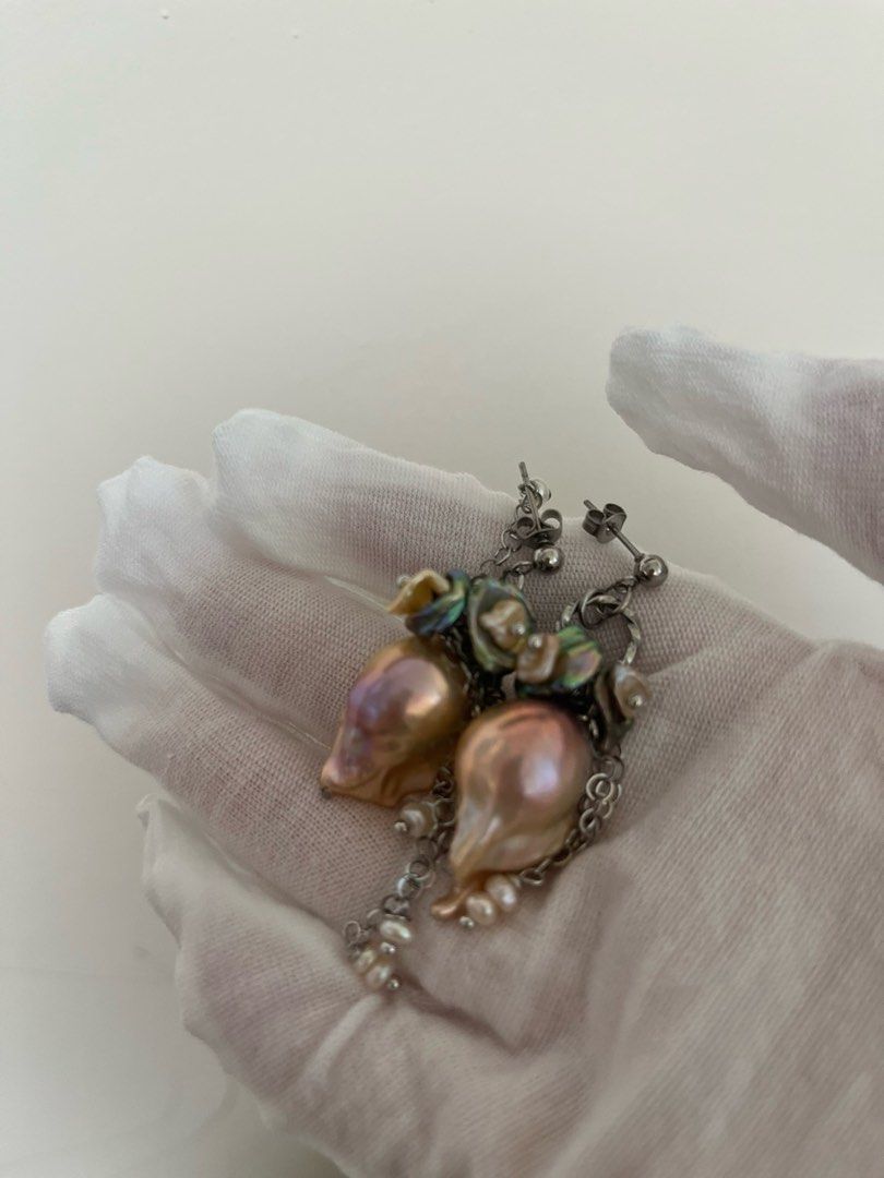 #PN1007 [Floral Series] Freshwater Pearl Necklace & Earrings Set | Big Fishtail Baroque Pearl | Superb Lustre | 2-layer Petals| Rose Garden | Golden Purple | “Waterfall” Dangling Earrings | High Quality | You Deserve the Best