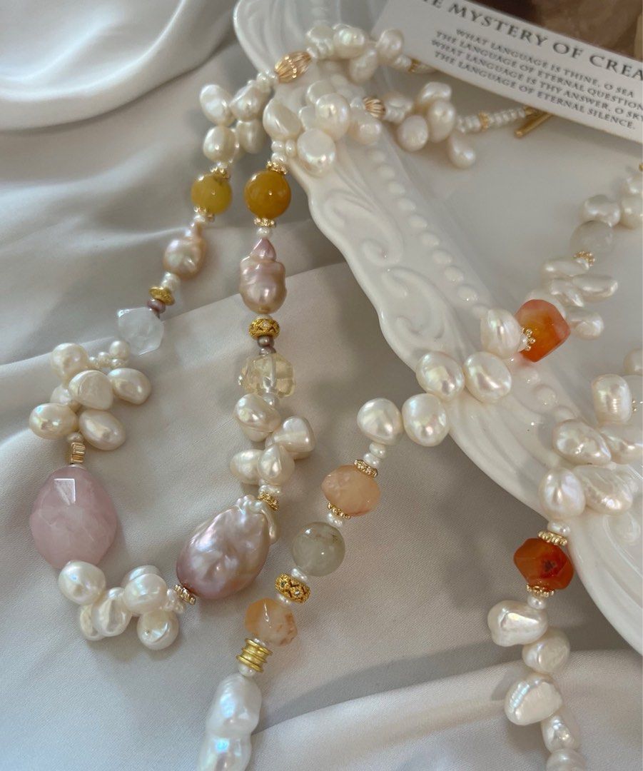 #PN1008 Freshwater Pearl Necklace | Teeth Shaped Baroque Pearl | Agate| Clover MOP Clasp| Stone Baroque | 44cm| Gourd Baroque | Jewelry that Makes You Happy