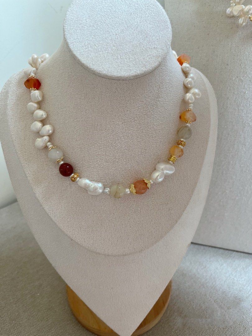 #PN1008 Freshwater Pearl Necklace | Teeth Shaped Baroque Pearl | Agate| Clover MOP Clasp| Stone Baroque | 44cm| Gourd Baroque | Jewelry that Makes You Happy
