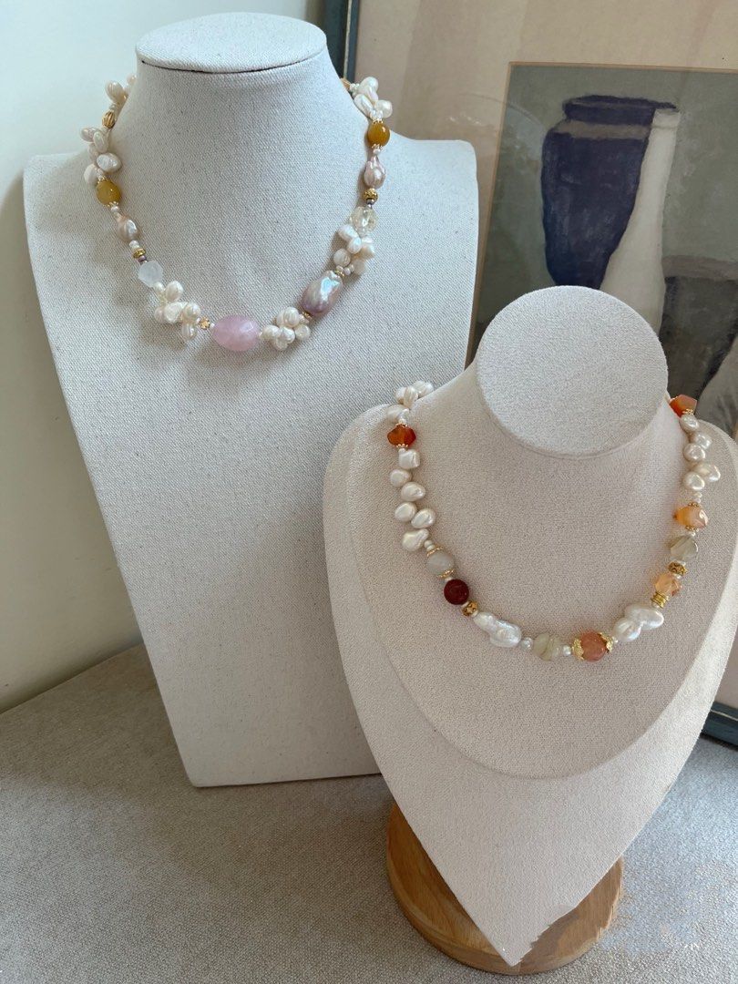 #PN1008 Freshwater Pearl Necklace | Teeth Shaped Baroque Pearl | Agate| Clover MOP Clasp| Stone Baroque | 44cm| Gourd Baroque | Jewelry that Makes You Happy