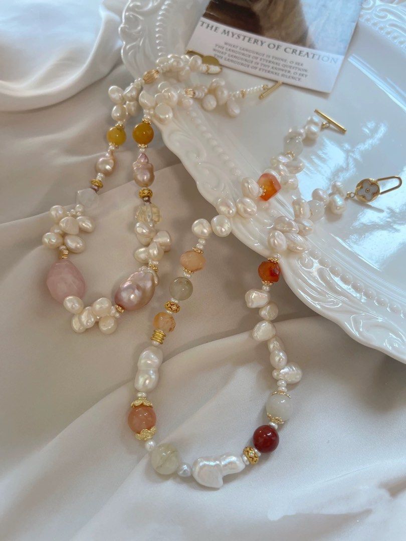 #PN1008 Freshwater Pearl Necklace | Teeth Shaped Baroque Pearl | Agate| Clover MOP Clasp| Stone Baroque | 44cm| Gourd Baroque | Jewelry that Makes You Happy