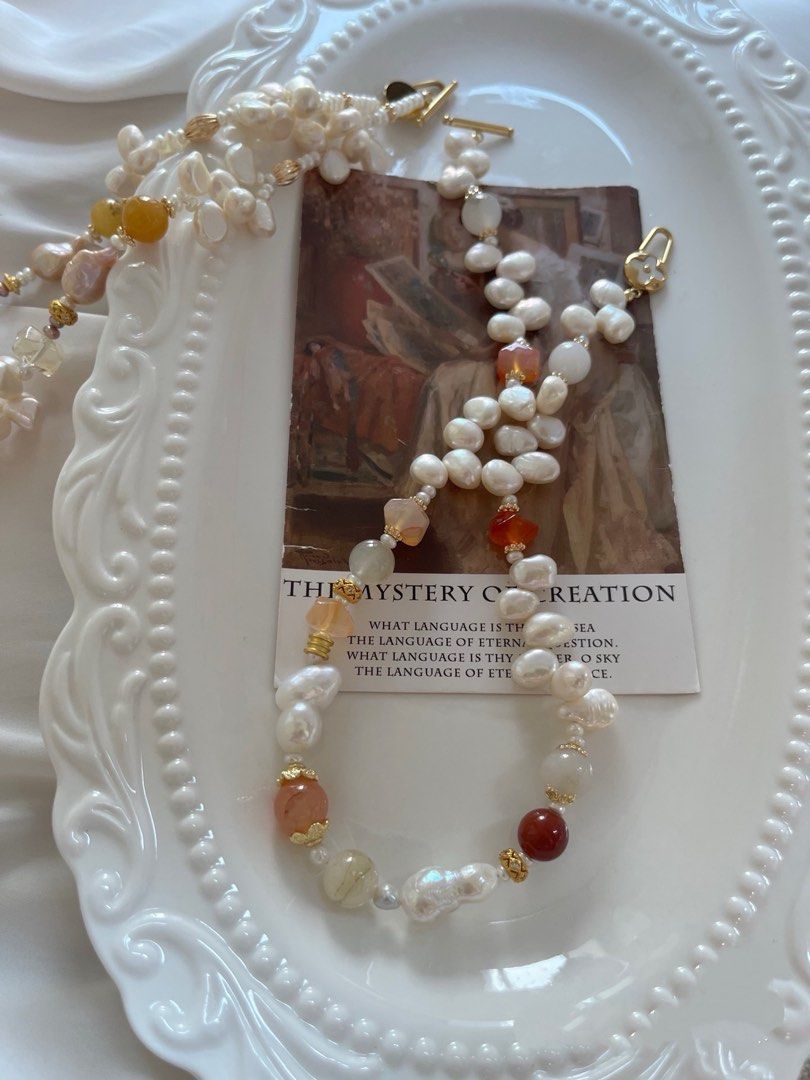 #PN1008 Freshwater Pearl Necklace | Teeth Shaped Baroque Pearl | Agate| Clover MOP Clasp| Stone Baroque | 44cm| Gourd Baroque | Jewelry that Makes You Happy