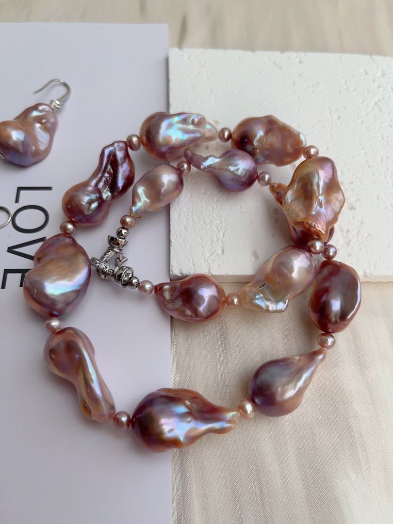 #PN1010 Freshwater Pearl Necklace & Bracelet & Earrings Set | Lavender Purple Big Fishtail Baroque | Lustrous | Deep Purple | Metallic | Bridal, Elegant & Timeless 💝