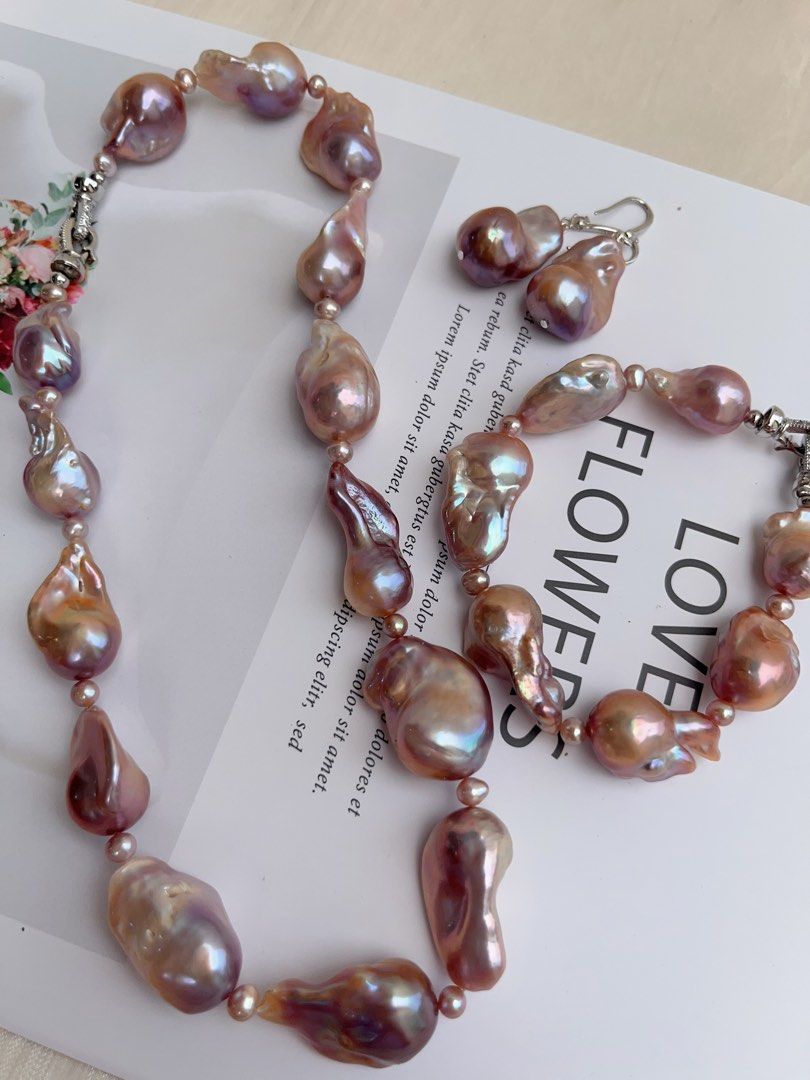 #PN1010 Freshwater Pearl Necklace & Bracelet & Earrings Set | Lavender Purple Big Fishtail Baroque | Lustrous | Deep Purple | Metallic | Bridal, Elegant & Timeless 💝