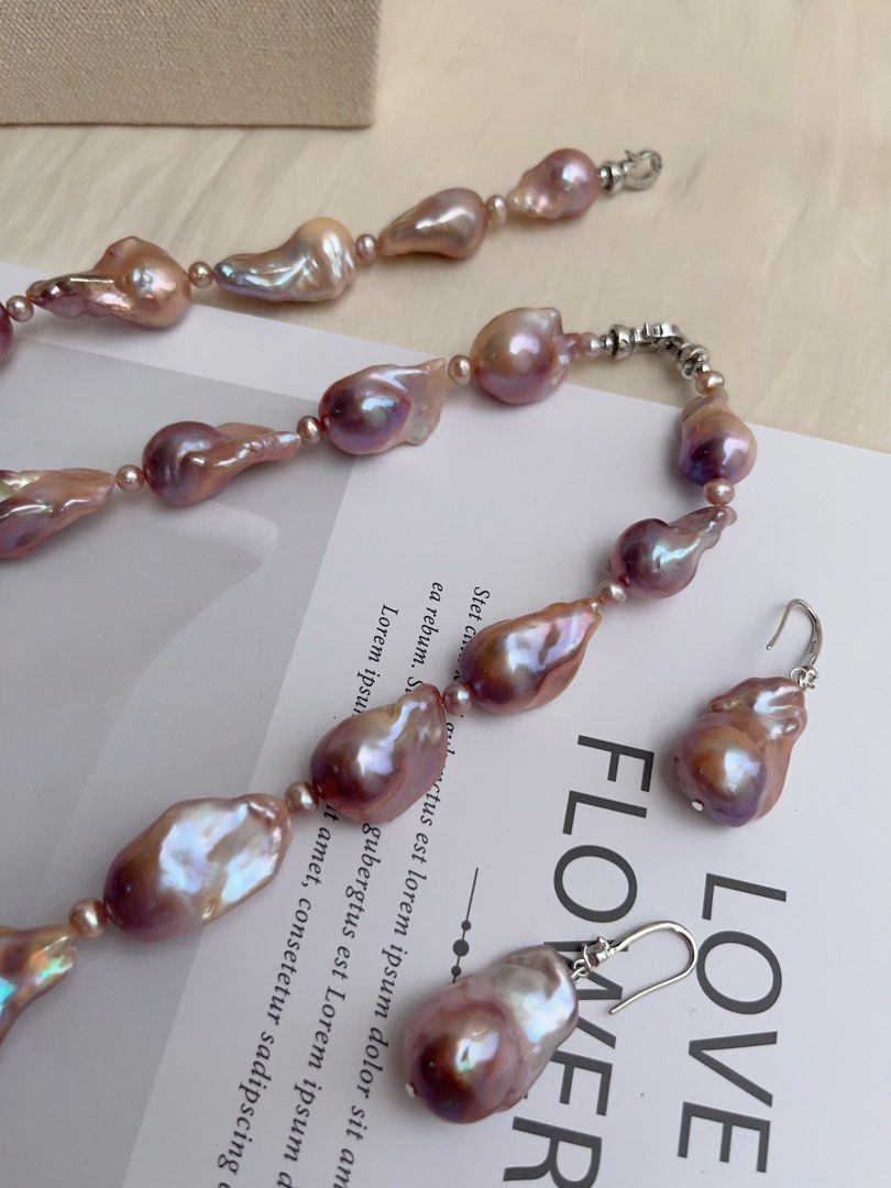 #PN1010 Freshwater Pearl Necklace & Bracelet & Earrings Set | Lavender Purple Big Fishtail Baroque | Lustrous | Deep Purple | Metallic | Bridal, Elegant & Timeless 💝
