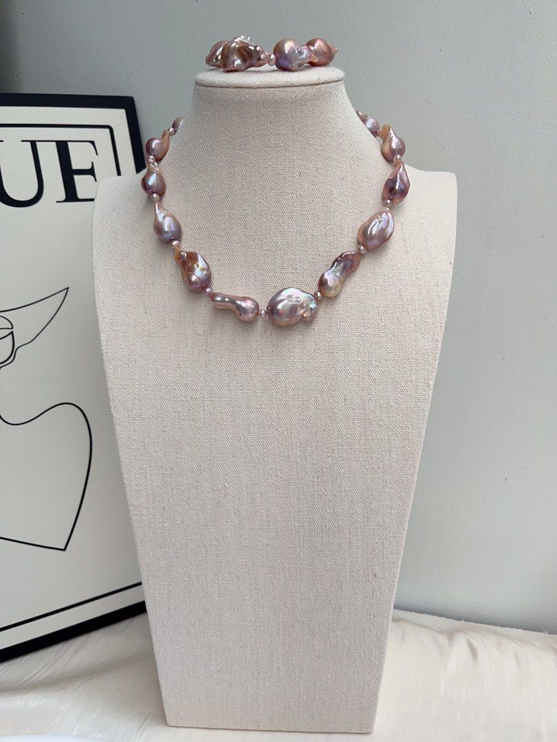 #PN1010 Freshwater Pearl Necklace & Bracelet & Earrings Set | Lavender Purple Big Fishtail Baroque | Lustrous | Deep Purple | Metallic | Bridal, Elegant & Timeless 💝