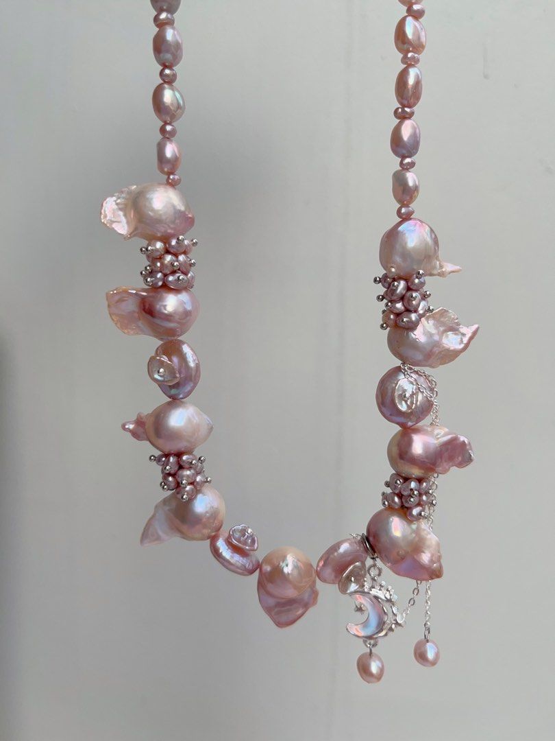 #PN1011 [Floral Series] Freshwater Pearl Necklace | Fairy Pink-Purple| 40+5cm| Lustrous Fishtail Baroque | Petal-on-pearl | Dangling Design | Rice Pearl | Moon| Limited Edition