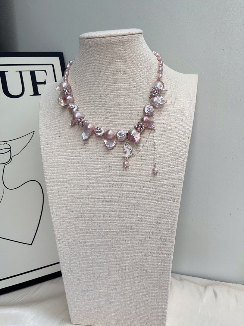 #PN1011 [Floral Series] Freshwater Pearl Necklace | Fairy Pink-Purple| 40+5cm| Lustrous Fishtail Baroque | Petal-on-pearl | Dangling Design | Rice Pearl | Moon| Limited Edition