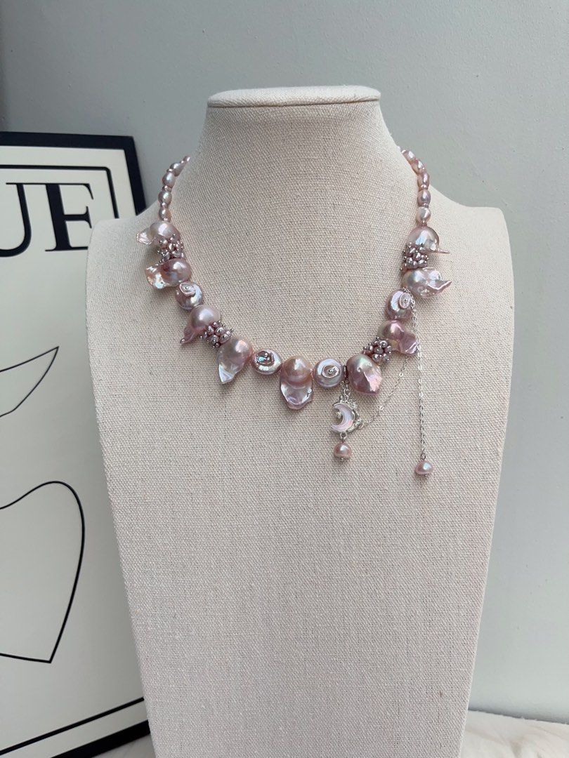 #PN1011 [Floral Series] Freshwater Pearl Necklace | Fairy Pink-Purple| 40+5cm| Lustrous Fishtail Baroque | Petal-on-pearl | Dangling Design | Rice Pearl | Moon| Limited Edition