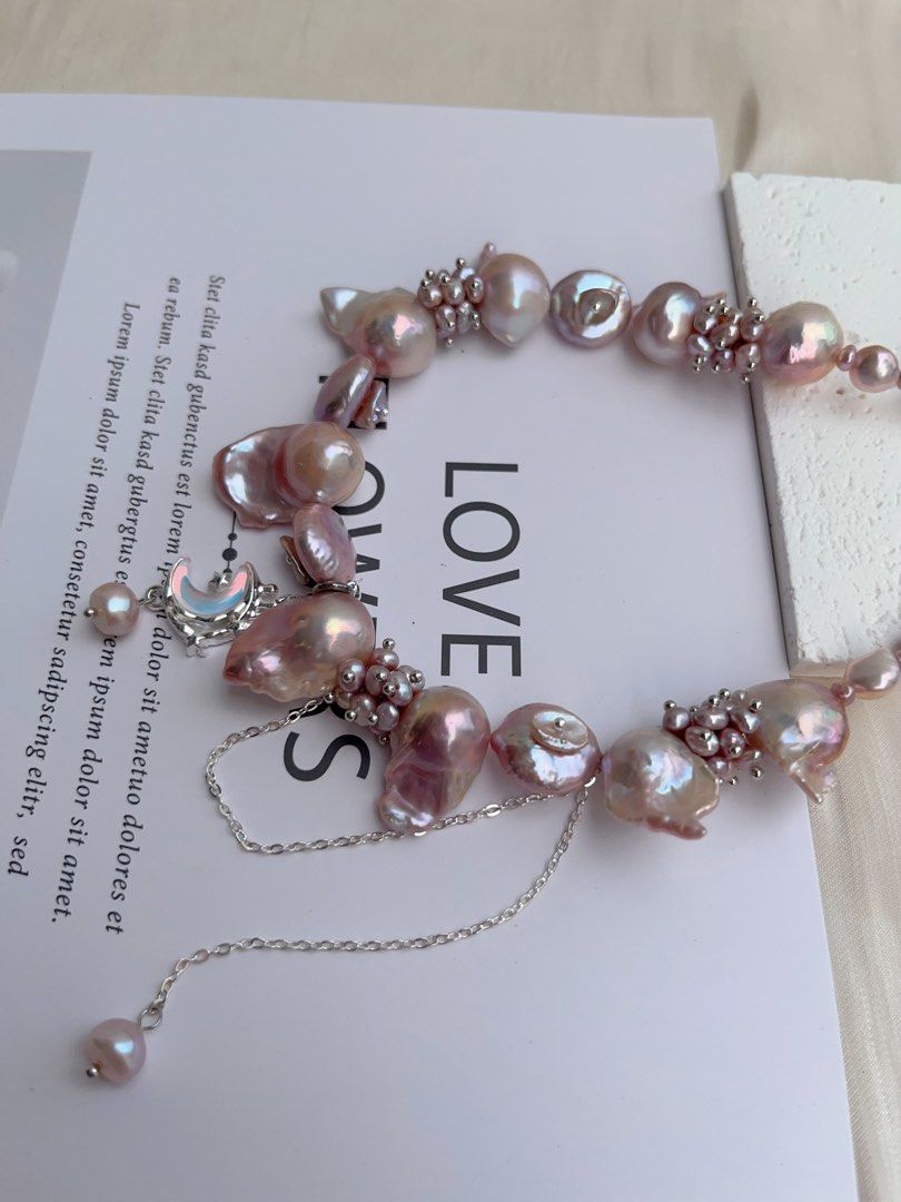 #PN1011 [Floral Series] Freshwater Pearl Necklace | Fairy Pink-Purple| 40+5cm| Lustrous Fishtail Baroque | Petal-on-pearl | Dangling Design | Rice Pearl | Moon| Limited Edition