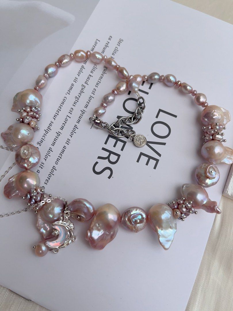 #PN1011 [Floral Series] Freshwater Pearl Necklace | Fairy Pink-Purple| 40+5cm| Lustrous Fishtail Baroque | Petal-on-pearl | Dangling Design | Rice Pearl | Moon| Limited Edition